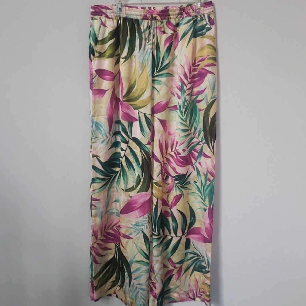 Guess Pants Womens L Tall Tropical Floral Satin Wide Leg Lounge Casual Resort